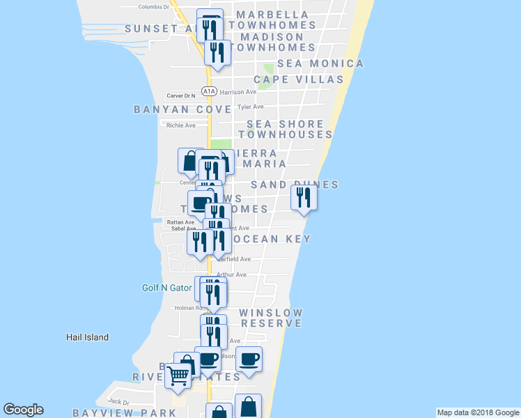 map of restaurants, bars, coffee shops, grocery stores, and more near 306 Johnson Avenue in Cape Canaveral