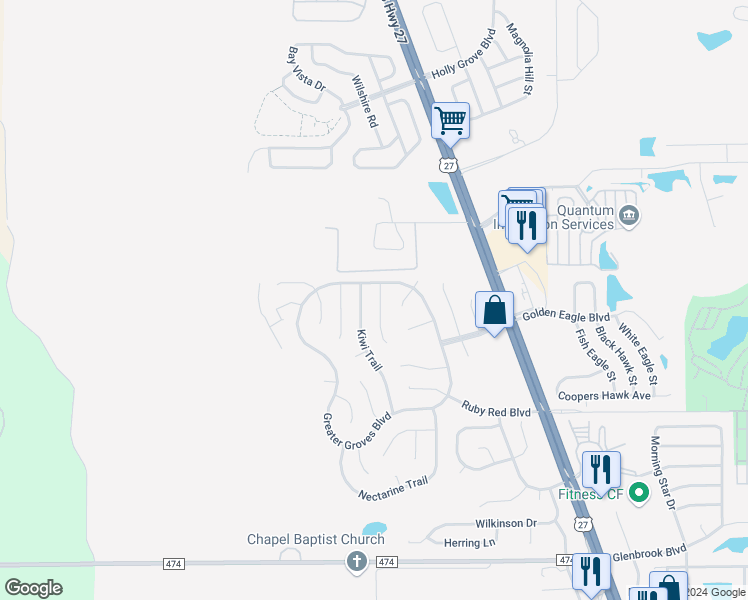 map of restaurants, bars, coffee shops, grocery stores, and more near 2305 Pink Grapefruit Trail in Clermont
