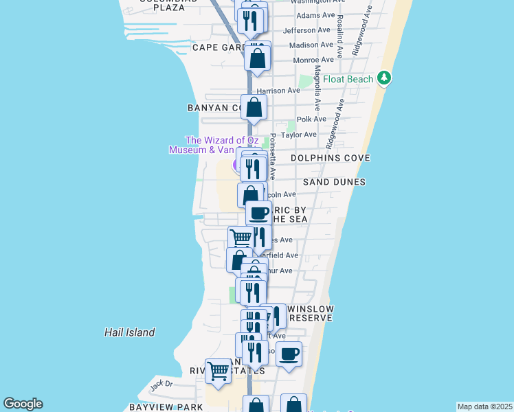 map of restaurants, bars, coffee shops, grocery stores, and more near 6910 North Atlantic Avenue in Cape Canaveral