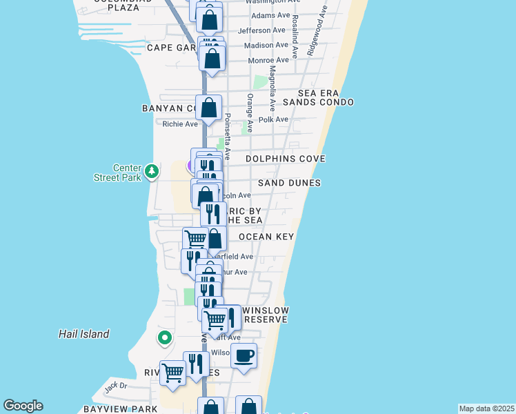 map of restaurants, bars, coffee shops, grocery stores, and more near 308 Johnson Avenue in Cape Canaveral