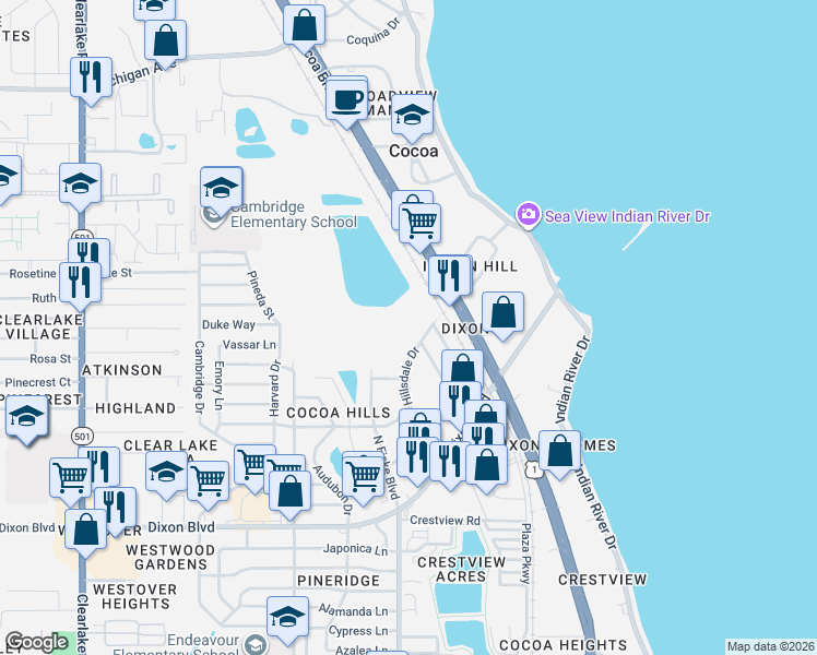 map of restaurants, bars, coffee shops, grocery stores, and more near 808 Hillsdale Drive in Cocoa