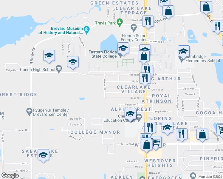 map of restaurants, bars, coffee shops, grocery stores, and more near 1753 Fay Street in Cocoa