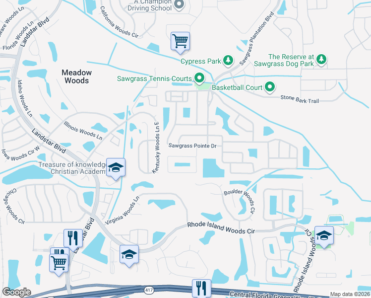 map of restaurants, bars, coffee shops, grocery stores, and more near 1420 Sawgrass Pointe Drive in Orlando