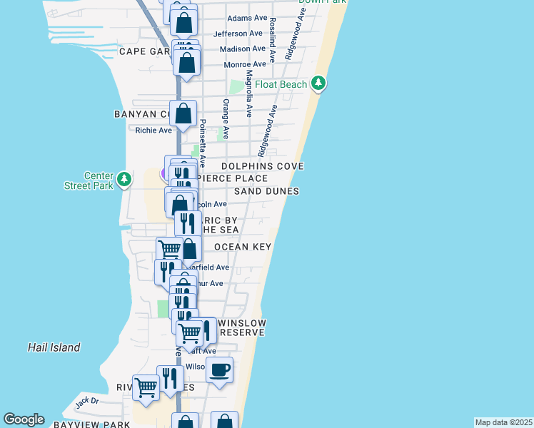 map of restaurants, bars, coffee shops, grocery stores, and more near 430 Johnson Avenue in Cape Canaveral