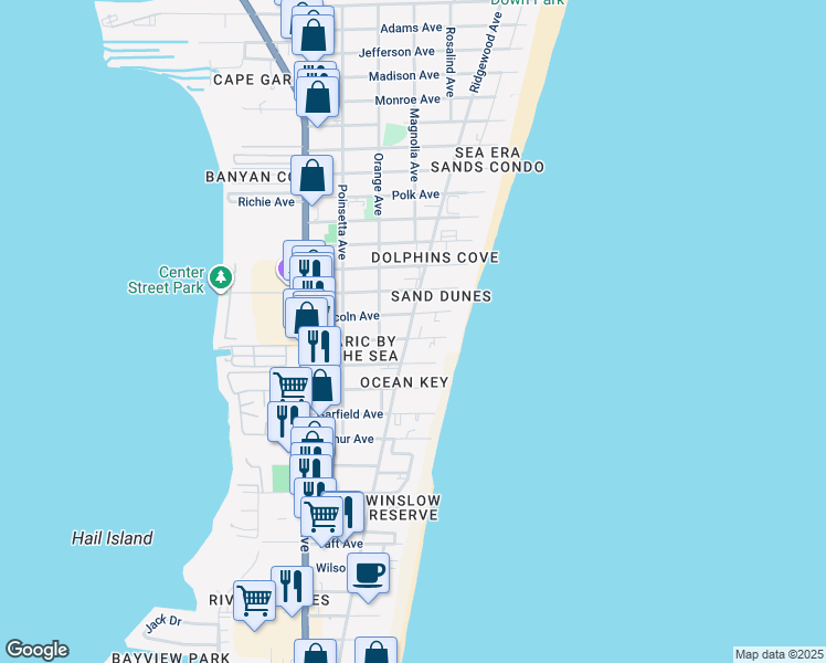map of restaurants, bars, coffee shops, grocery stores, and more near 424 Johnson Avenue in Cape Canaveral