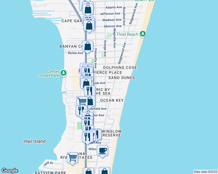 map of restaurants, bars, coffee shops, grocery stores, and more near 306 Johnson Avenue in Cape Canaveral