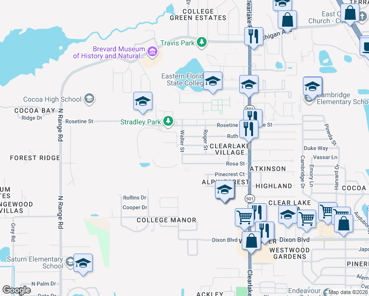 map of restaurants, bars, coffee shops, grocery stores, and more near 1753 Fay Street in Cocoa