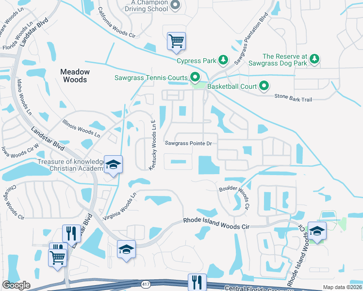 map of restaurants, bars, coffee shops, grocery stores, and more near 1420 Sawgrass Pointe Drive in Orlando