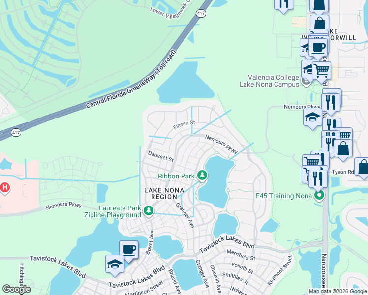map of restaurants, bars, coffee shops, grocery stores, and more near 9011 Sperry Street in Orlando