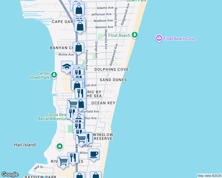 map of restaurants, bars, coffee shops, grocery stores, and more near 430 Johnson Avenue in Cape Canaveral
