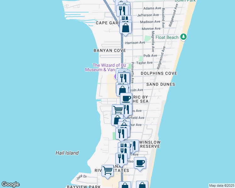 map of restaurants, bars, coffee shops, grocery stores, and more near 6910 North Atlantic Avenue in Cape Canaveral