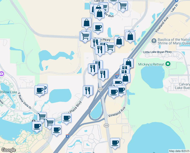 map of restaurants, bars, coffee shops, grocery stores, and more near 12748 South Apopka Vineland Road in Orlando