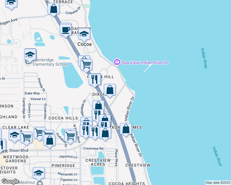 map of restaurants, bars, coffee shops, grocery stores, and more near 650 Dixon Boulevard in Cocoa