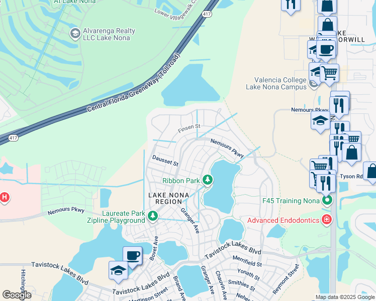 map of restaurants, bars, coffee shops, grocery stores, and more near 9011 Sperry Street in Orlando