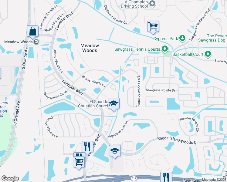 map of restaurants, bars, coffee shops, grocery stores, and more near 917 Pebble Creek Circle in Orlando