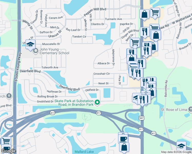 map of restaurants, bars, coffee shops, grocery stores, and more near 2244 Meadowmouse Street in Orlando