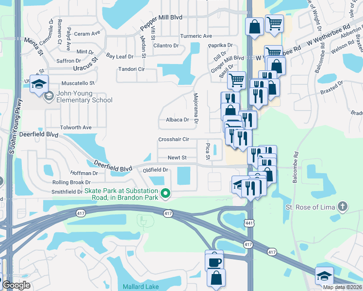 map of restaurants, bars, coffee shops, grocery stores, and more near 2206 Meadowmouse Street in Orlando