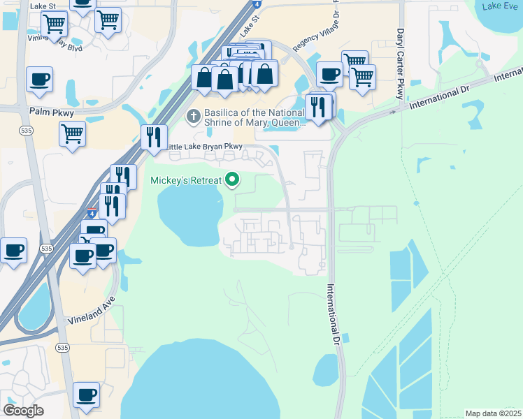 map of restaurants, bars, coffee shops, grocery stores, and more near 7900 Lake Forest Drive in Orlando
