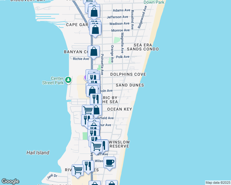 map of restaurants, bars, coffee shops, grocery stores, and more near 306 Johnson Avenue in Cape Canaveral