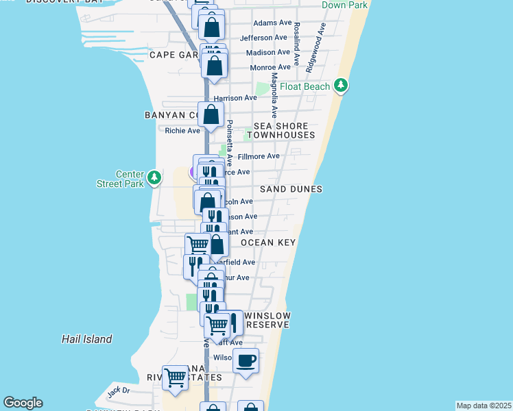 map of restaurants, bars, coffee shops, grocery stores, and more near 306 Johnson Avenue in Cape Canaveral