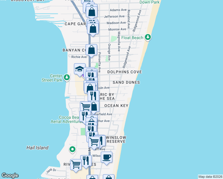 map of restaurants, bars, coffee shops, grocery stores, and more near 309 Lincoln Avenue in Cape Canaveral