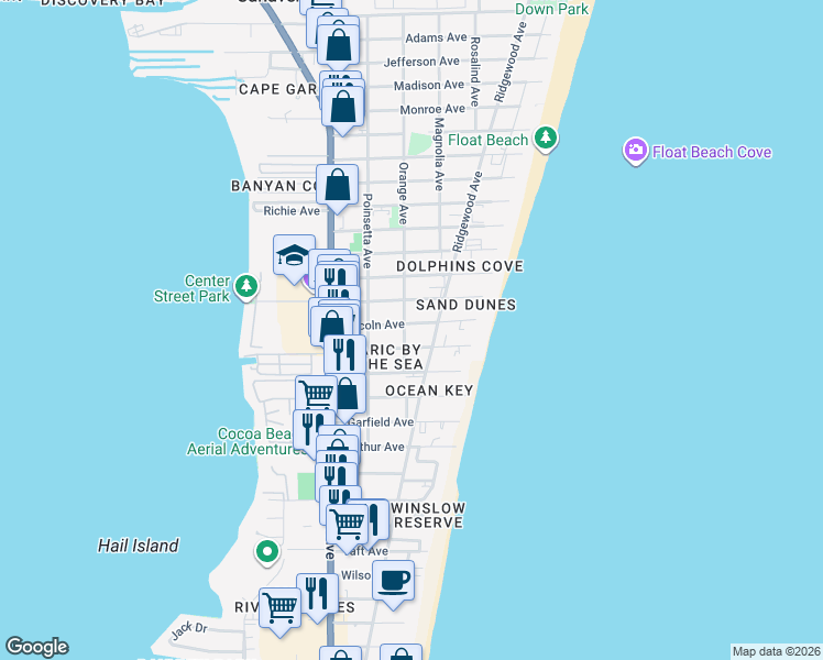 map of restaurants, bars, coffee shops, grocery stores, and more near 306 Johnson Avenue in Cape Canaveral