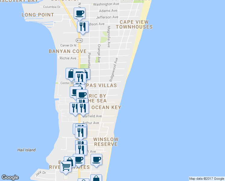 map of restaurants, bars, coffee shops, grocery stores, and more near 424 Johnson Avenue in Cape Canaveral