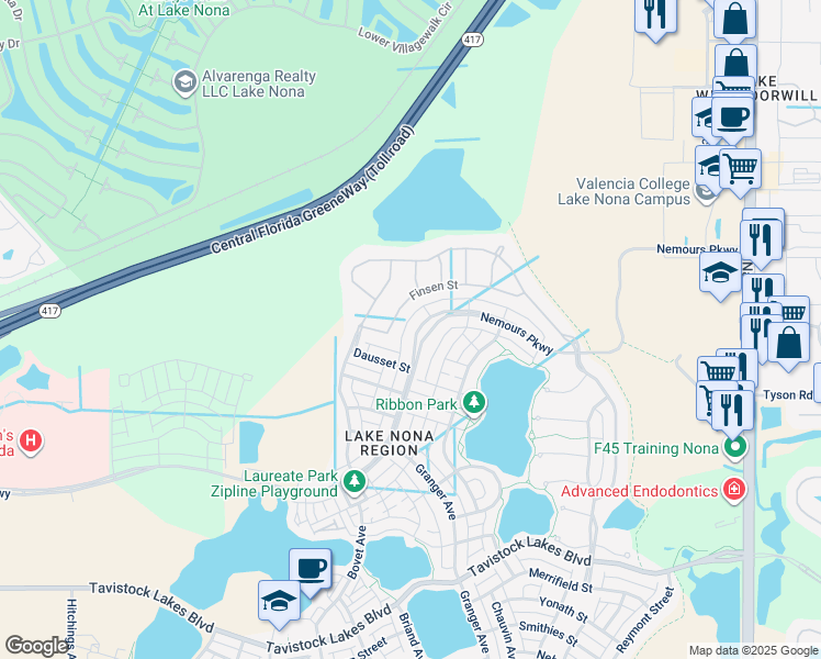 map of restaurants, bars, coffee shops, grocery stores, and more near 8243 Nemours Parkway in Orlando