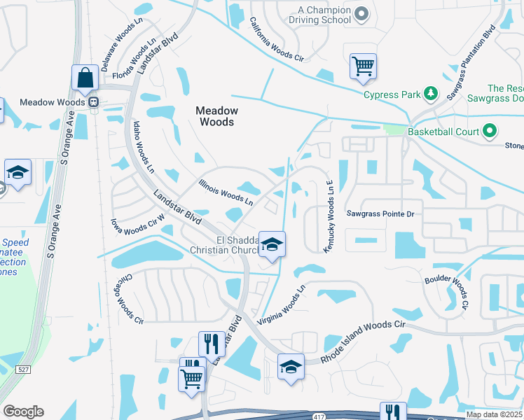 map of restaurants, bars, coffee shops, grocery stores, and more near 917 Pebble Creek Circle in Orlando