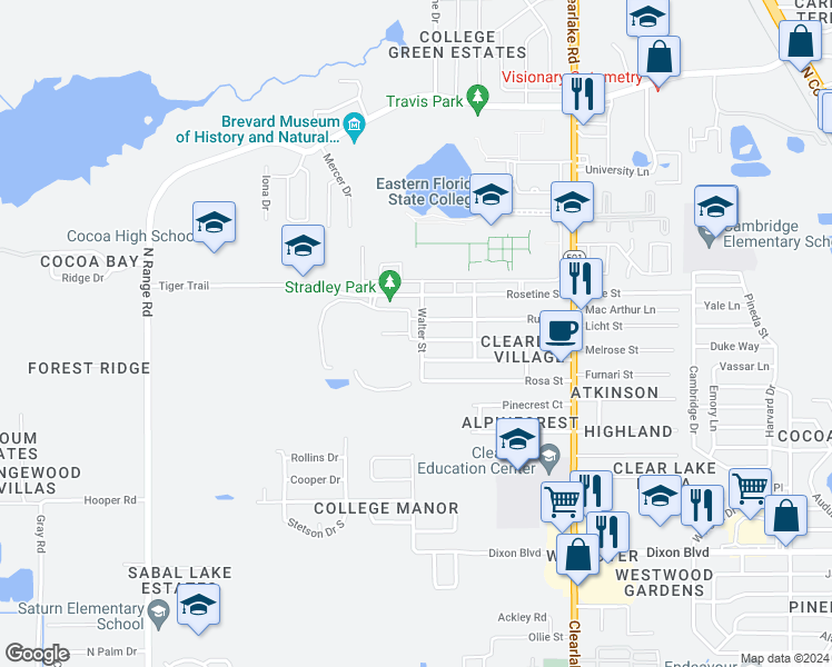 map of restaurants, bars, coffee shops, grocery stores, and more near 1428 Walter Street in Cocoa