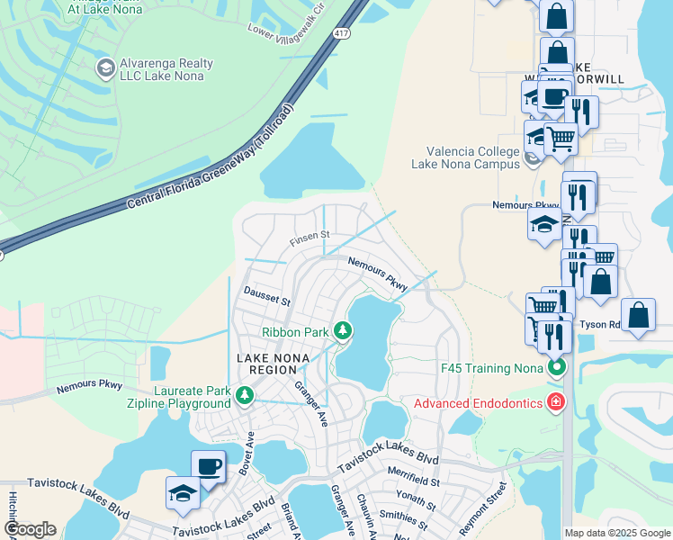 map of restaurants, bars, coffee shops, grocery stores, and more near 9011 Sperry Street in Orlando