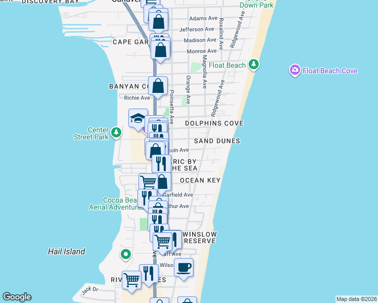 map of restaurants, bars, coffee shops, grocery stores, and more near 303 Lincoln Avenue in Cape Canaveral