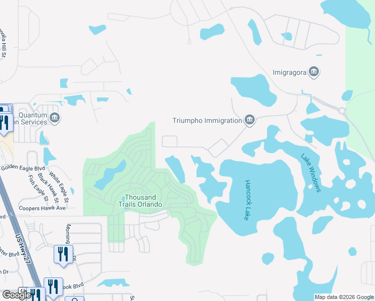 map of restaurants, bars, coffee shops, grocery stores, and more near Unnamed Road in Clermont