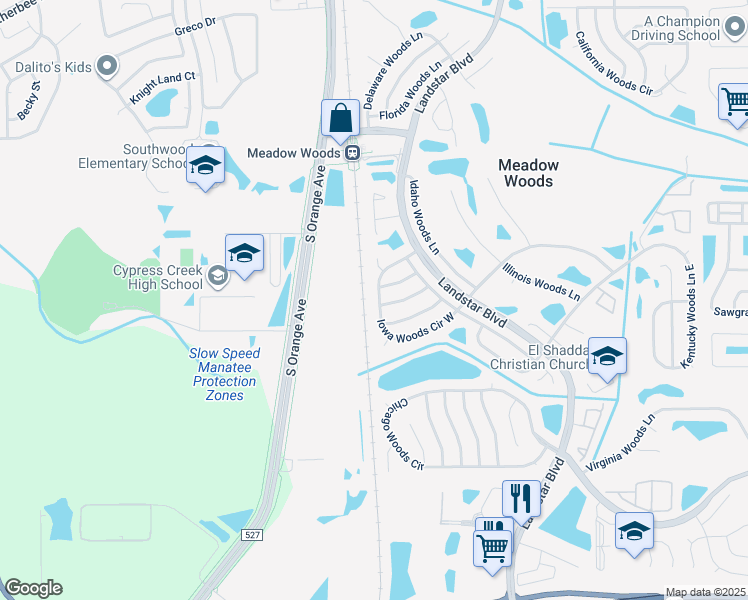 map of restaurants, bars, coffee shops, grocery stores, and more near 266 Iowa Woods Circle West in Orlando