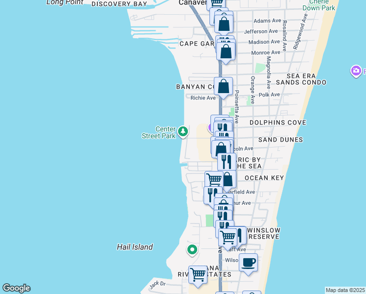 map of restaurants, bars, coffee shops, grocery stores, and more near 7108 Center Street in Cape Canaveral