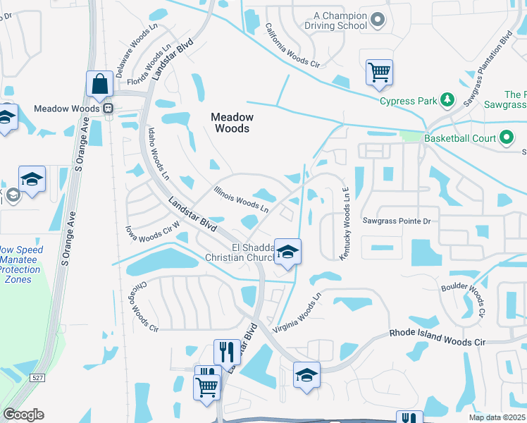 map of restaurants, bars, coffee shops, grocery stores, and more near 12834 Illinois Woods Lane in Orlando