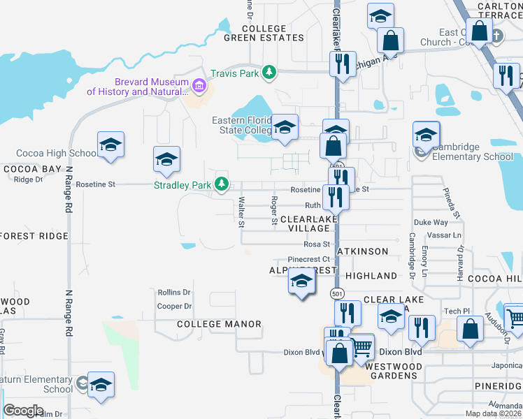 map of restaurants, bars, coffee shops, grocery stores, and more near 1761 Rosetine Street in Cocoa