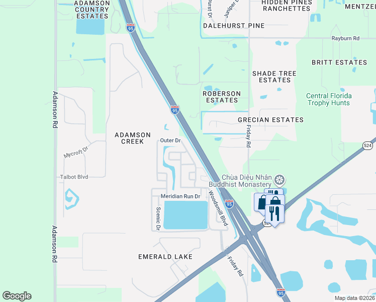 map of restaurants, bars, coffee shops, grocery stores, and more near 564 Outer Drive in Cocoa