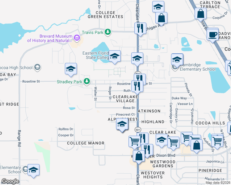 map of restaurants, bars, coffee shops, grocery stores, and more near 1687 Rosetine Street in Cocoa