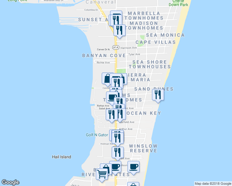 map of restaurants, bars, coffee shops, grocery stores, and more near 7030 Nathan Lester Highway 1 in Cape Canaveral