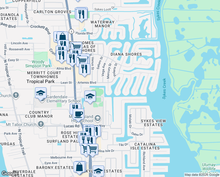 map of restaurants, bars, coffee shops, grocery stores, and more near 1370 Mercury Street in Merritt Island