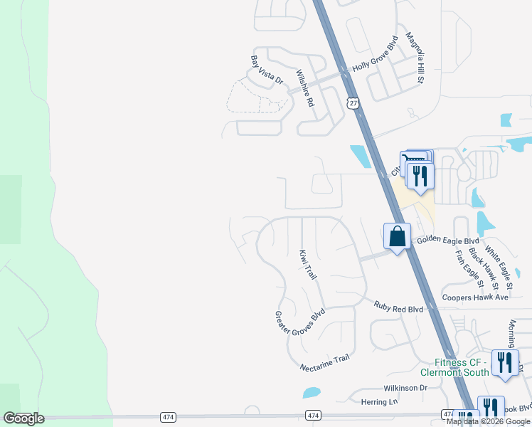 map of restaurants, bars, coffee shops, grocery stores, and more near 2304 Clementine Trail in Clermont