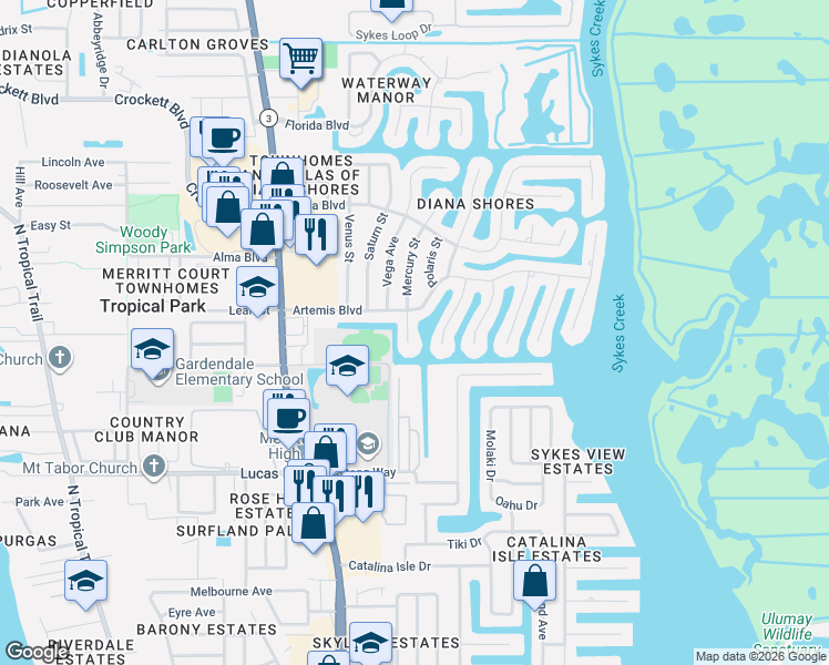 map of restaurants, bars, coffee shops, grocery stores, and more near 1370 Mercury Street in Merritt Island