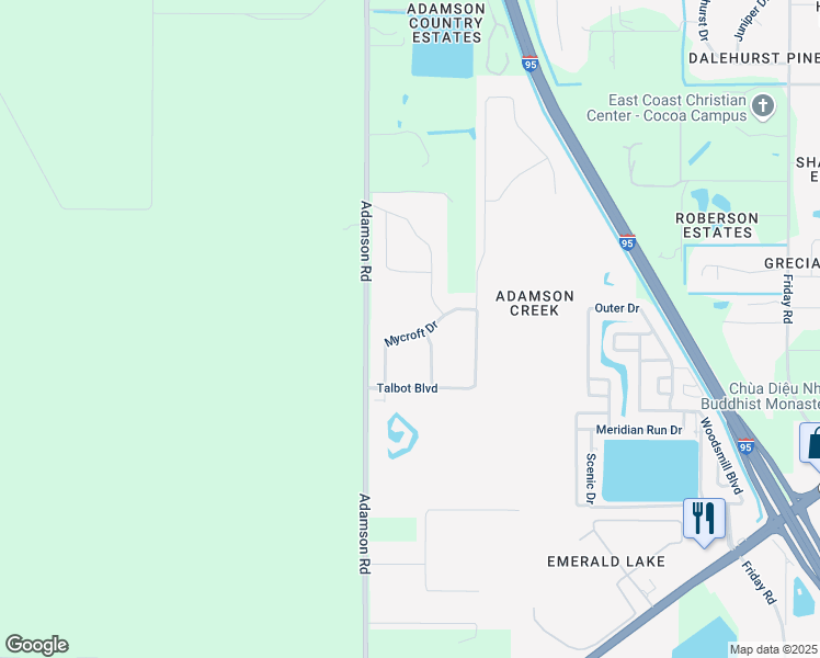 map of restaurants, bars, coffee shops, grocery stores, and more near 1390 Mycroft Drive in Cocoa