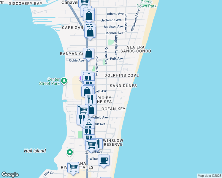 map of restaurants, bars, coffee shops, grocery stores, and more near 304 Buchanan Avenue in Cape Canaveral