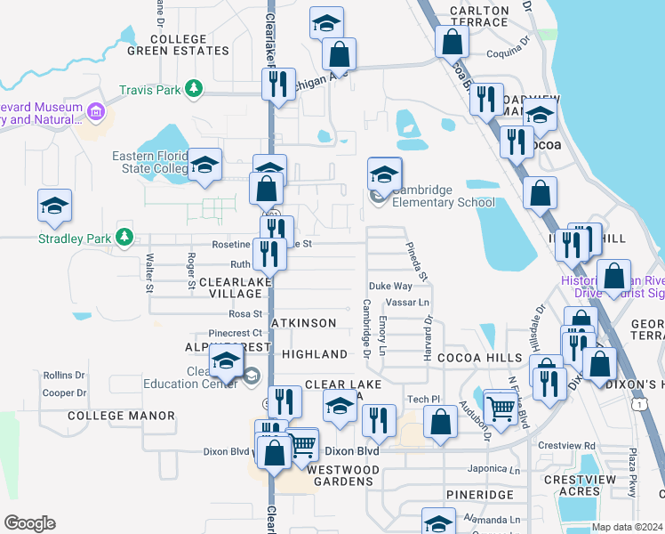 map of restaurants, bars, coffee shops, grocery stores, and more near 1432 Mac Arthur Lane in Cocoa