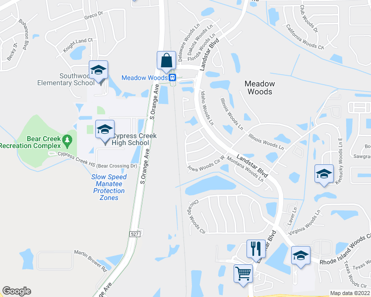 map of restaurants, bars, coffee shops, grocery stores, and more near 242 Iowa Woods Circle West in Orlando