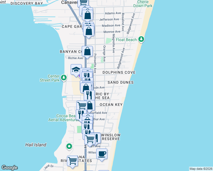 map of restaurants, bars, coffee shops, grocery stores, and more near 304 Buchanan Avenue in Cape Canaveral