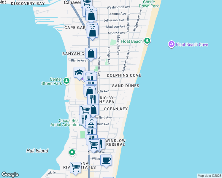 map of restaurants, bars, coffee shops, grocery stores, and more near 304 Buchanan Avenue in Cape Canaveral