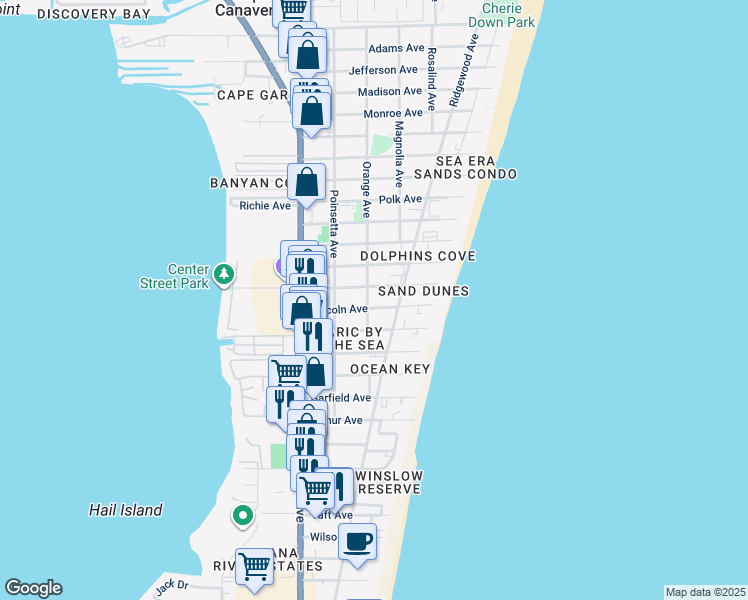 map of restaurants, bars, coffee shops, grocery stores, and more near 302 Lincoln Avenue in Cape Canaveral